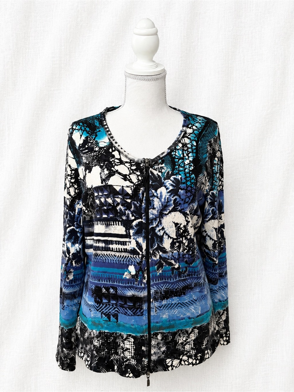 Gerry Weber Blue Black White Zip-Front Patterned Cardigan
